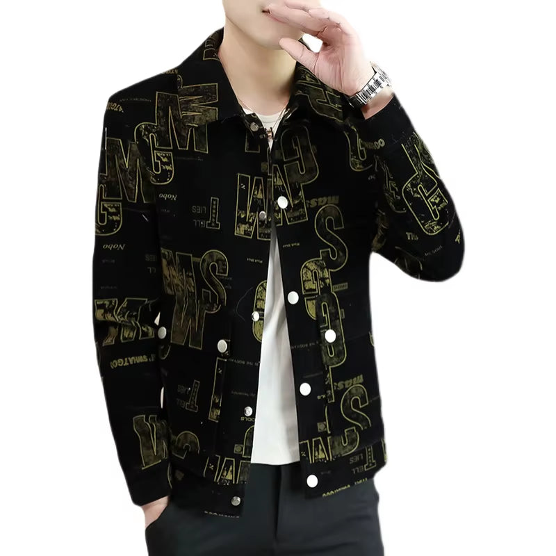 2021 Spring Corduroy Letter Printed Jackets Men Casual Business Coats Luxury Retro Turn down Collar Windbreaker Streetwear Top