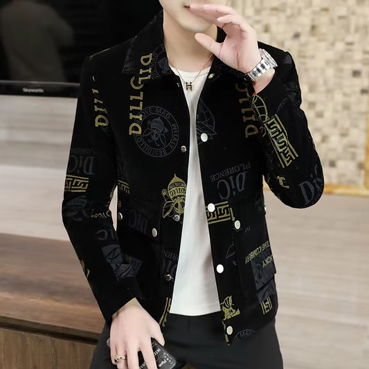 2021 Spring Corduroy Letter Printed Jackets Men Casual Business Coats Luxury Retro Turn down Collar Windbreaker Streetwear Top