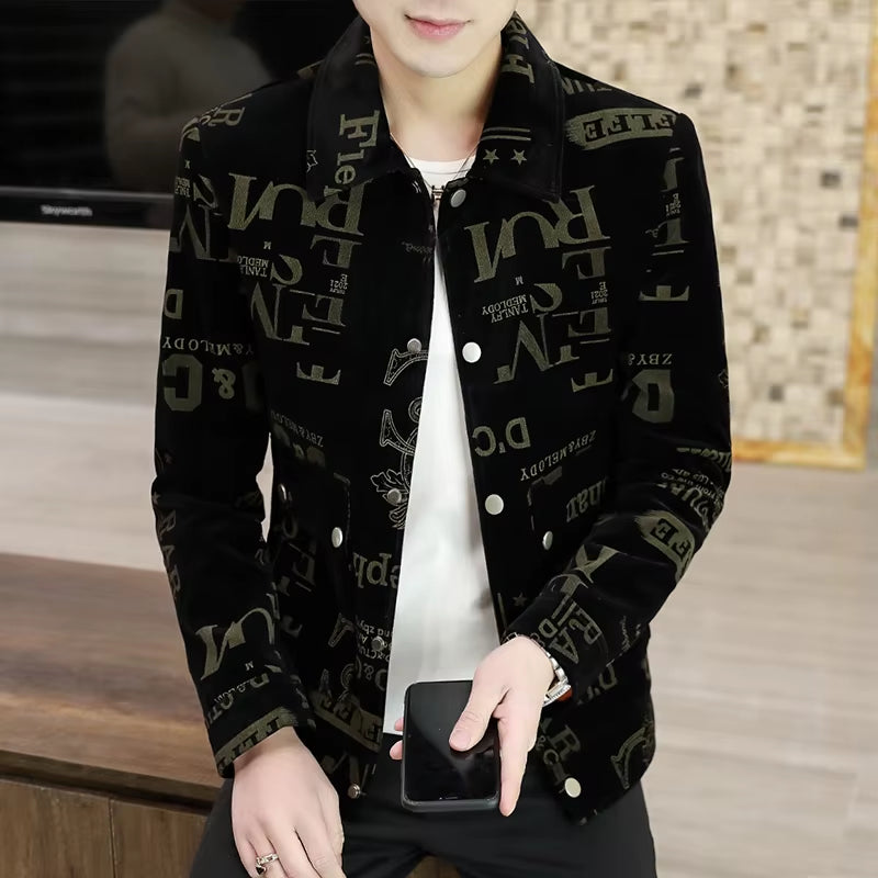2021 Spring Corduroy Letter Printed Jackets Men Casual Business Coats Luxury Retro Turn down Collar Windbreaker Streetwear Top