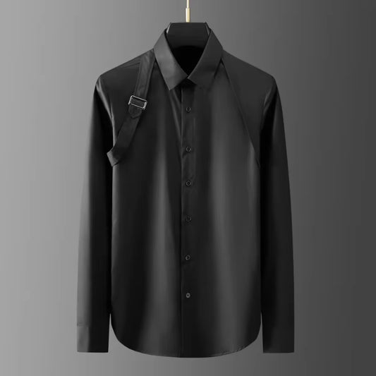 Cotton Male Shirts Luxury Metal Buckle Long Sleeve Casual Mens Dress Shirts Fashion Slim Fit Party Solid Color Man Shirts